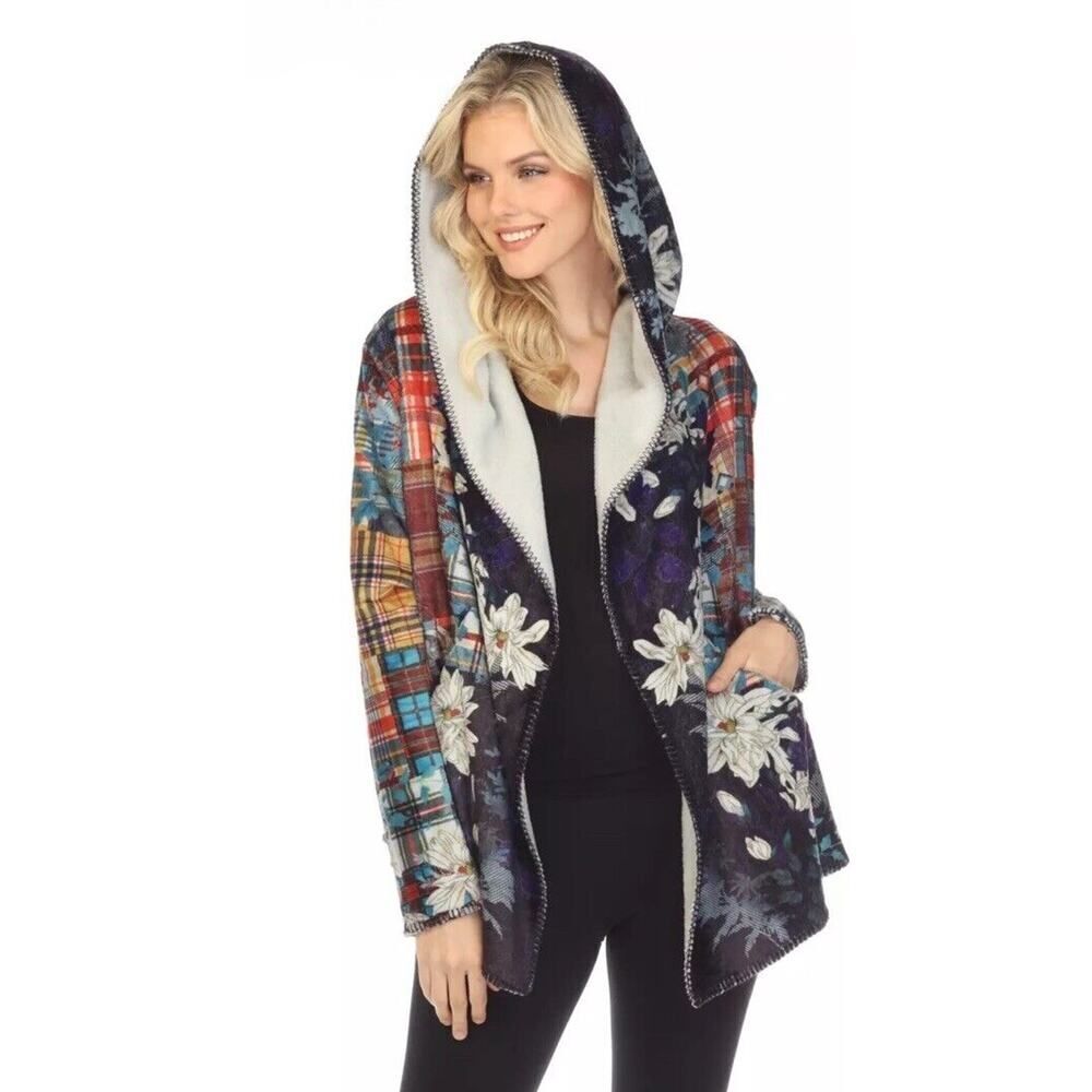 Johnny Was Multicolor Floral & Plaid Hooded Coat - Navy, Red, Teal, Yellow